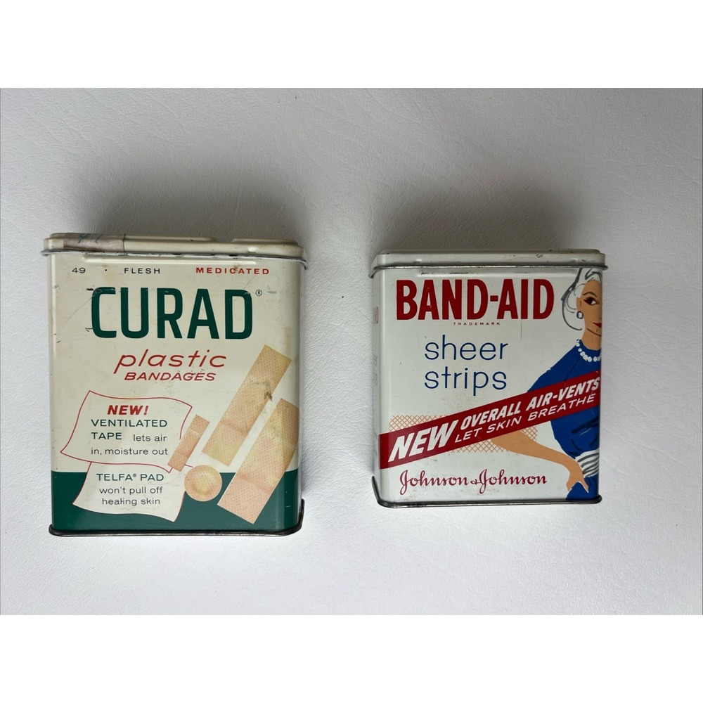 Vintage Band-Aid and Curad Metal Tins Set Johnson & Johnson Mid-Century Decor
